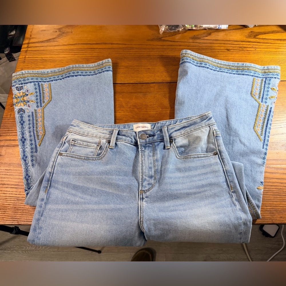 DRIFTWOOD Light Blue Flare Jeans with Embroidery-For the Tall Girls!